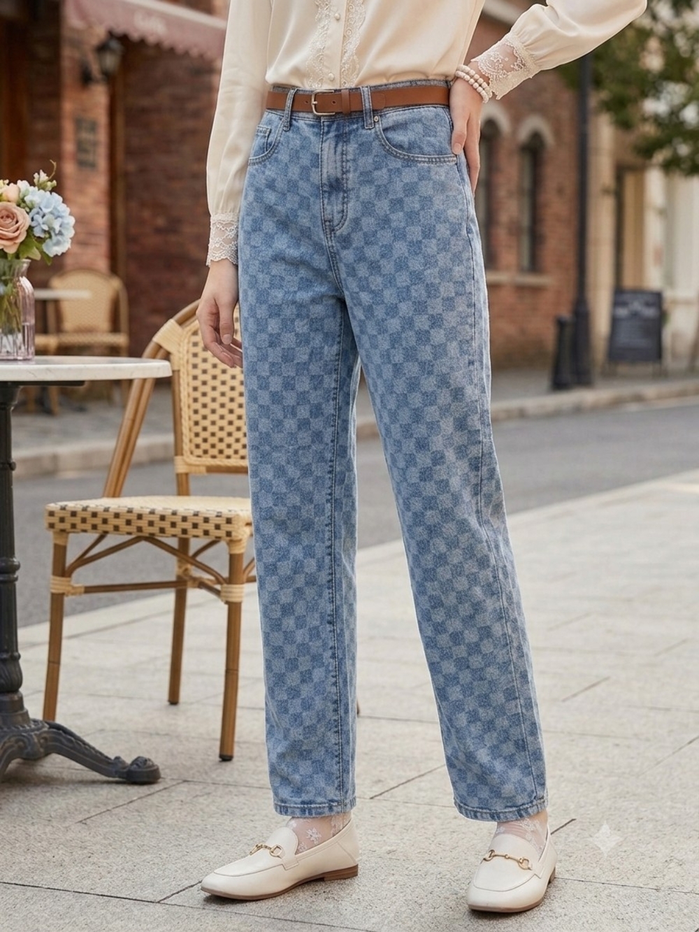 Almost Famous Checkered Straight Leg Jeans Blue Checkerboard Size 0